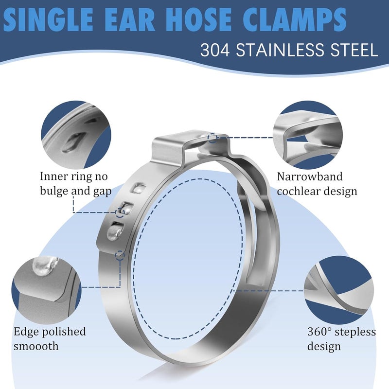 9TH SHOP Single Ear Hose Clamps, 120Pcs 11 Sizes 304 Stainless Steel Ear Clamps, 6-33.1mm Crimp Hose Clamps with Ear Clamp Pincer, Crimp Pinch Fitting Tools Kit for PEX Tube, Securing Hose - Image 3